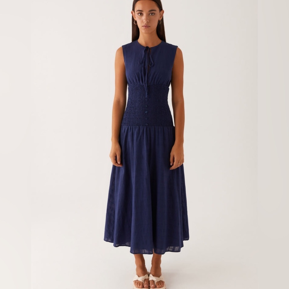 Peppermayo Exclusive - Belle Shirred Waist Midi Dress - Navy Size 16